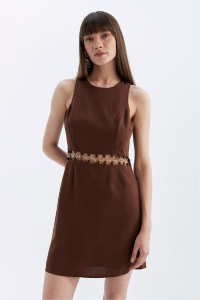 A-Line Round Neck Linen Blend Sleeveless Midi Dress