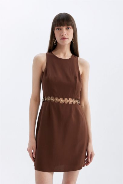 A-Line Round Neck Linen Blend Sleeveless Midi Dress