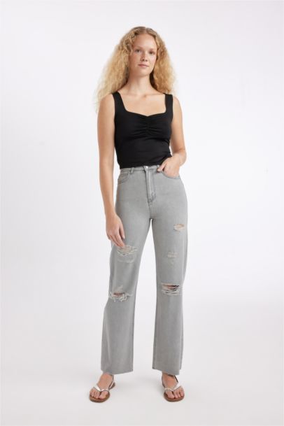 90's Wide Leg Ripped Detailed High Waist Long Washed Jeans