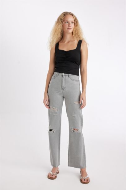 90's Wide Leg Ripped Detailed High Waist Long Washed Jeans