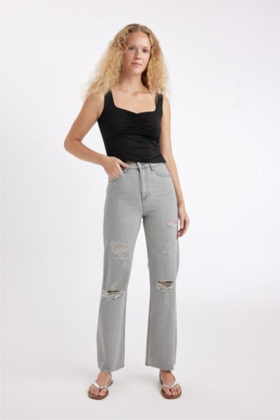 90's Wide Leg Ripped Detailed High Waist Long Washed Jeans