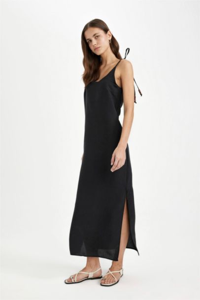 Straight Fit Round Neck Modal Strap Black Maxi Dress