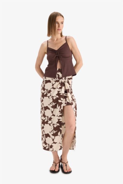 A Line Flower Linen Blended Normal Waist Maxi Skirt
