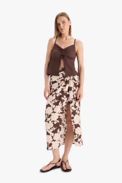 A Line Flower Linen Blended Normal Waist Maxi Skirt