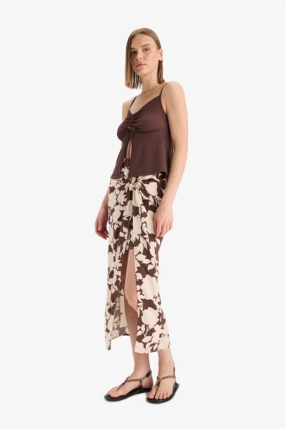 A Line Flower Linen Blended Normal Waist Maxi Skirt