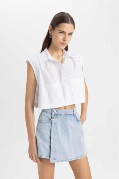 Crop Shirt Collar Poplin Short Sleeve Shirt