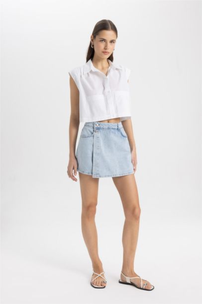 Crop Shirt Collar Poplin Short Sleeve Shirt