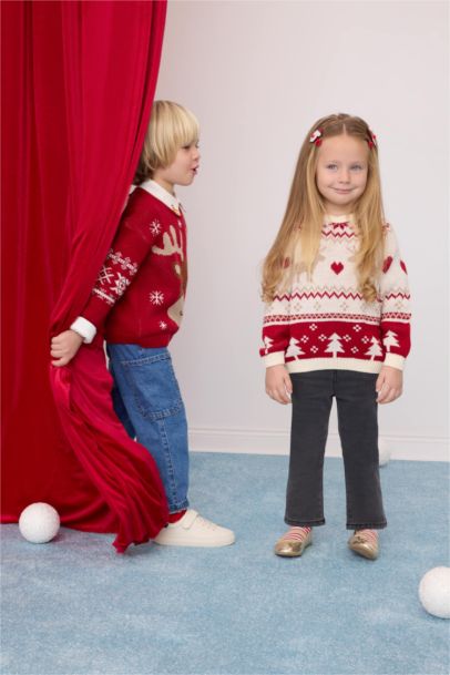 Pull en tricot à col rond thème de Noël Beige pour Bébé Fille