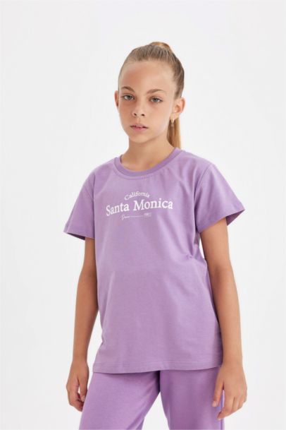 تيشيرت بناتي نص كم مطبوع وياقة مستديرة