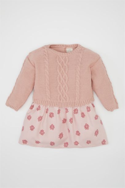 Robe en tricot à motifs fleurs Col rond pour Bébé Fille