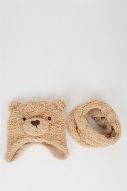 Ensemble bonnet et écharpe en peluche brodée pour bébé garçon