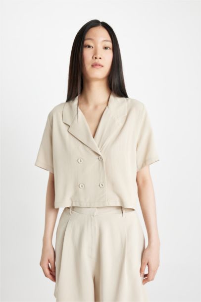 Polo Collar Linen Blend Short Sleeve Crop Shirt