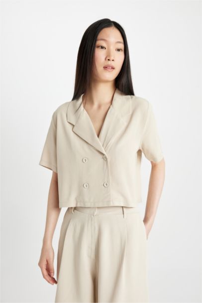 Polo Collar Linen Blend Short Sleeve Crop Shirt