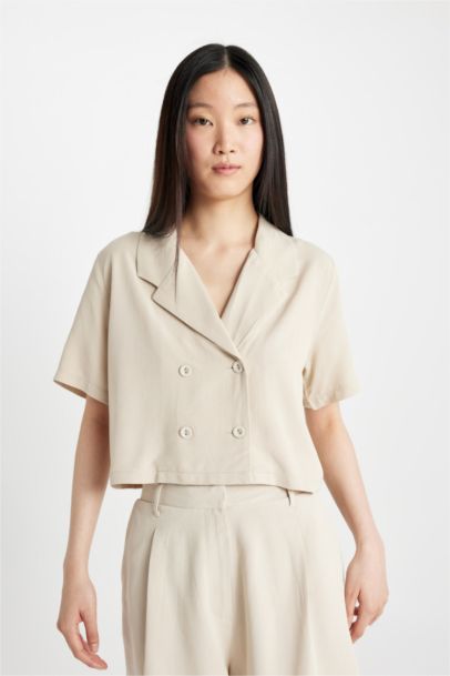 Polo Collar Linen Blend Short Sleeve Crop Shirt