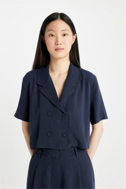 Polo Collar Linen Blend Short Sleeve Crop Shirt