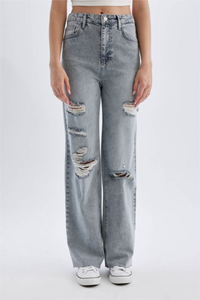 Wide Leg Ripped Detailed High Waist Long Washed Jeans