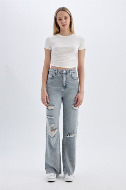 Wide Leg Ripped Detailed High Waist Long Washed Jeans