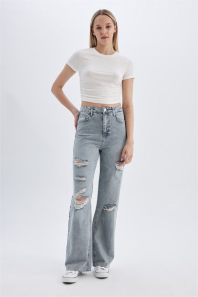 Wide Leg Ripped Detailed High Waist Long Washed Jeans