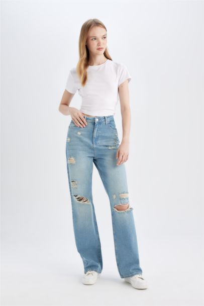 90's Wide Leg High Waist Ripped Detailed Long Jeans