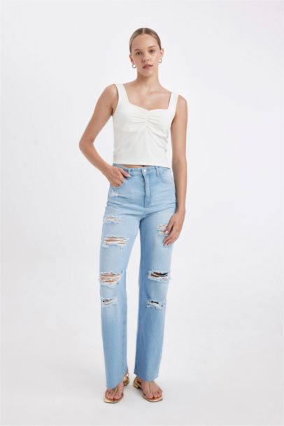 90's Wide Leg High Waist Ripped Detailed Washed Jeans