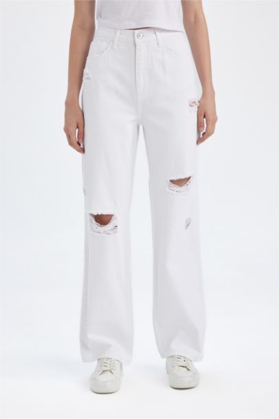 90 Wide Leg High Waist Long Ripped Detailed White Jeans