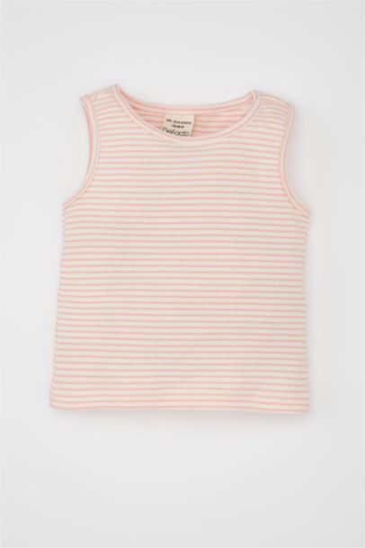 تيشيرت كت بيبي بناتي وردي مخطط قصة عادية بياقة مستديرة