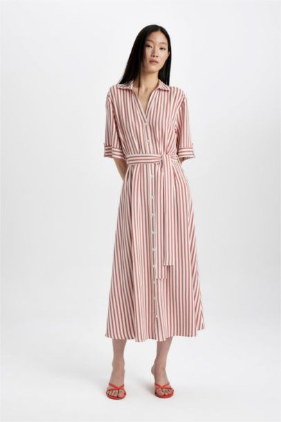 Shirt Collar Striped Belted Linen Midi Dress