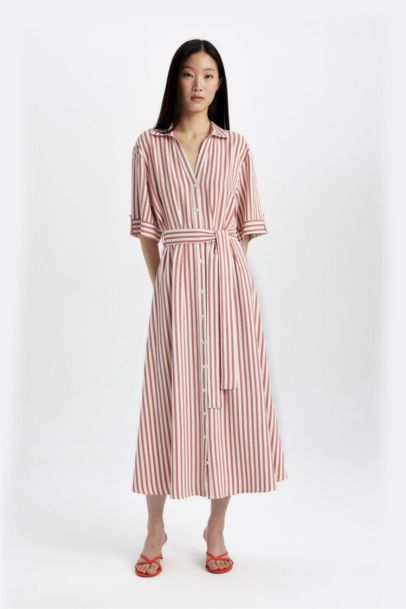 Shirt Collar Striped Belted Linen Midi Dress
