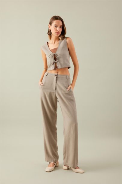 Straight Fit High Waist Wide Leg Linen Blend Trousers