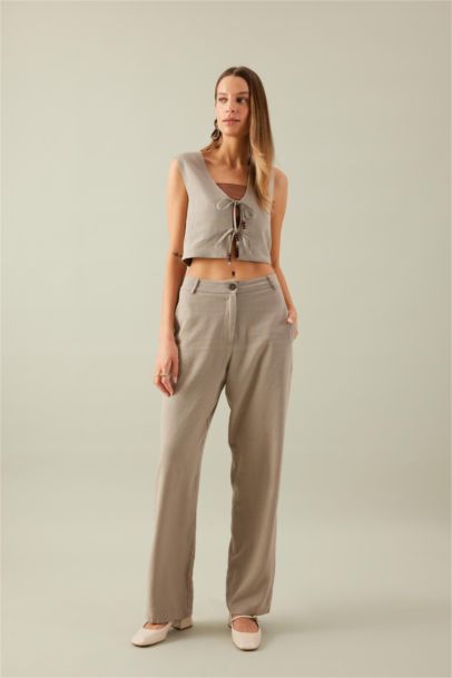 Straight Fit High Waist Wide Leg Linen Blend Trousers