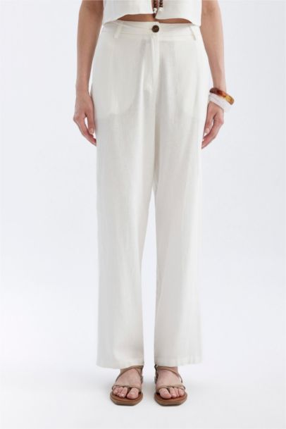 Straight Fit High Waist Wide Leg Linen Blend Trousers