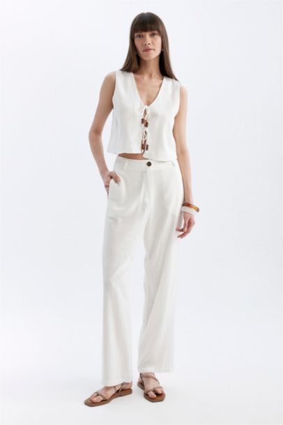 Straight Fit High Waist Wide Leg Linen Blend Trousers