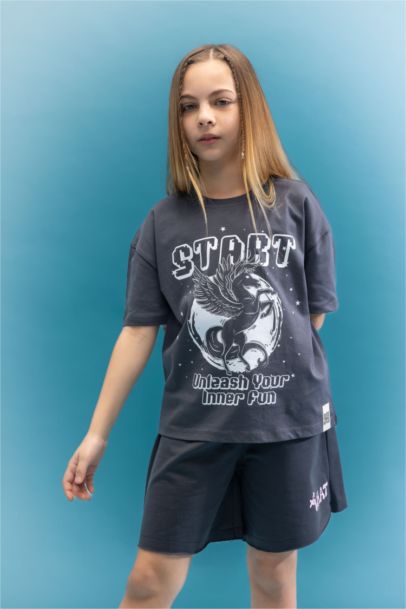 Girl Relax Fit Crew Neck Printed Short Sleeve T-Shirt