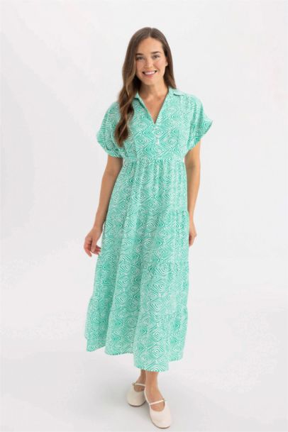 Shirt Collar Patterned Viscose Short Sleeve Maxi Dress