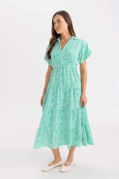 Shirt Collar Patterned Viscose Short Sleeve Maxi Dress