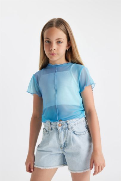 طقم بناتي تانك توب وبلوزة تول أزرق - قطعتين