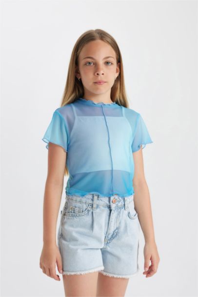 طقم بناتي تانك توب وبلوزة تول أزرق - قطعتين