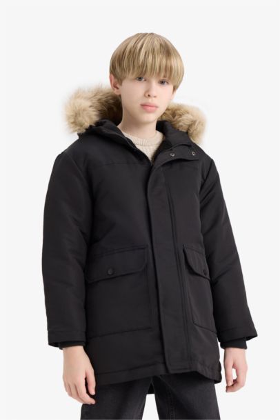 Parka Mont Çıkarılabilir Suni Kürk Yaka Kapüşonlu Pelüş Astar Erkek Çocuk