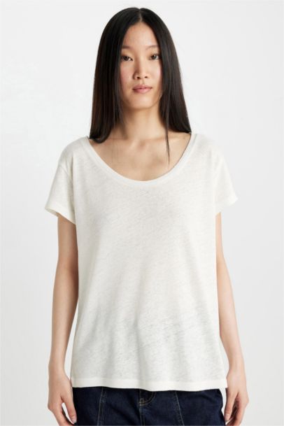 Regular Fit Crew Neck Linen Blend Basic T-Shirt