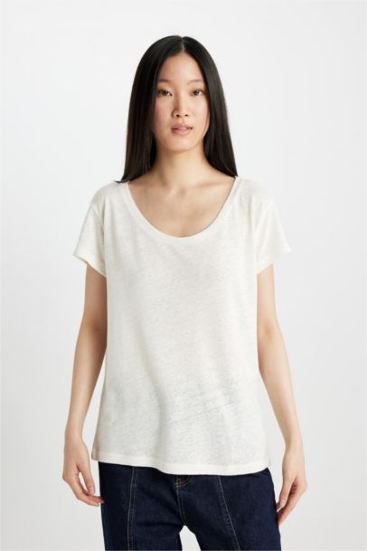 Regular Fit Crew Neck Linen Blend Basic T-Shirt