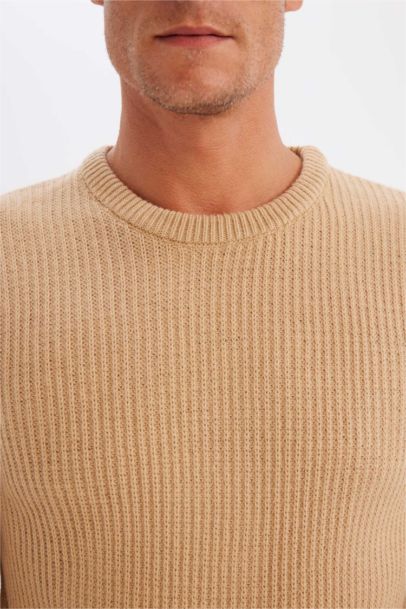Beige Standard Fit Crew Neck Textured Knitted Pullover