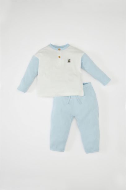 2'li Takım Düğmeli Waffle Uzun Kollu Tişört Beli Lastikli Eşofman Altı Erkek Bebek