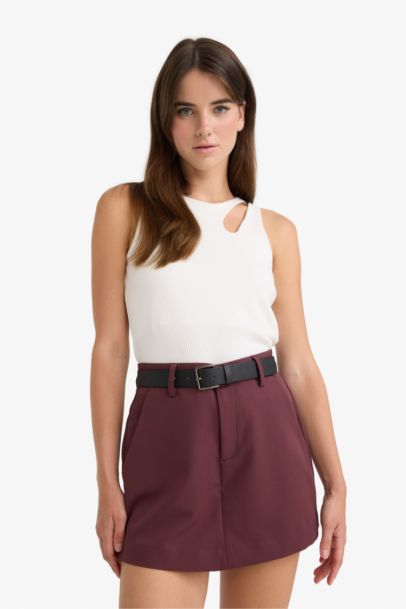  Yüksek Bel Düz Paça Kemerli Şort Etek
