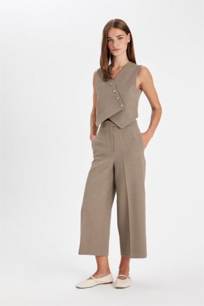 Culotte Çift Cepli Yüksek Bel Düz Paça Kumaş Pantolon