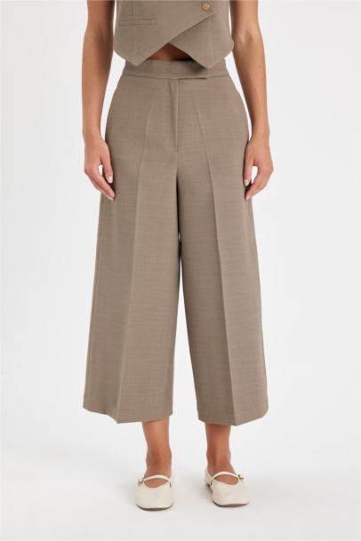 Culotte Çift Cepli Yüksek Bel Düz Paça Kumaş Pantolon