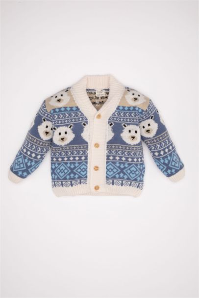 Cardigan en Tricot à Boutons avec Col Montant à Motif Ours pour Bébé Garçon