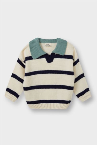 Polo Yaka Çizgili Triko Kazak Erkek Bebek