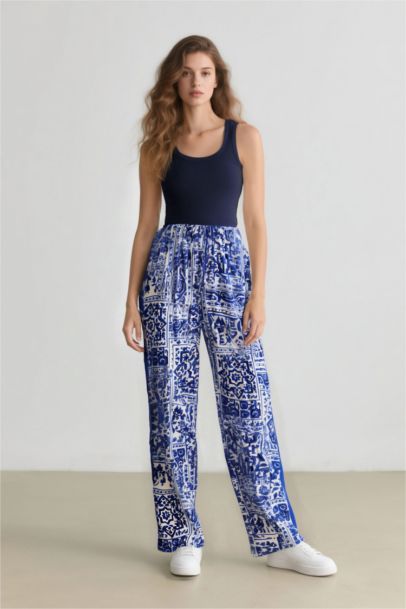 Wide Leg Patterned Pocket High Waist Trousers