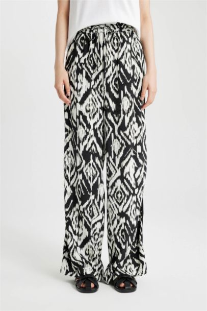 Pantalon Large Taille Haute à Motifs avec Poches