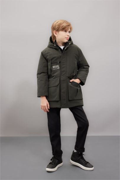 Boy Waterproof Hooded Zippered Pocketed Puffer Jacket